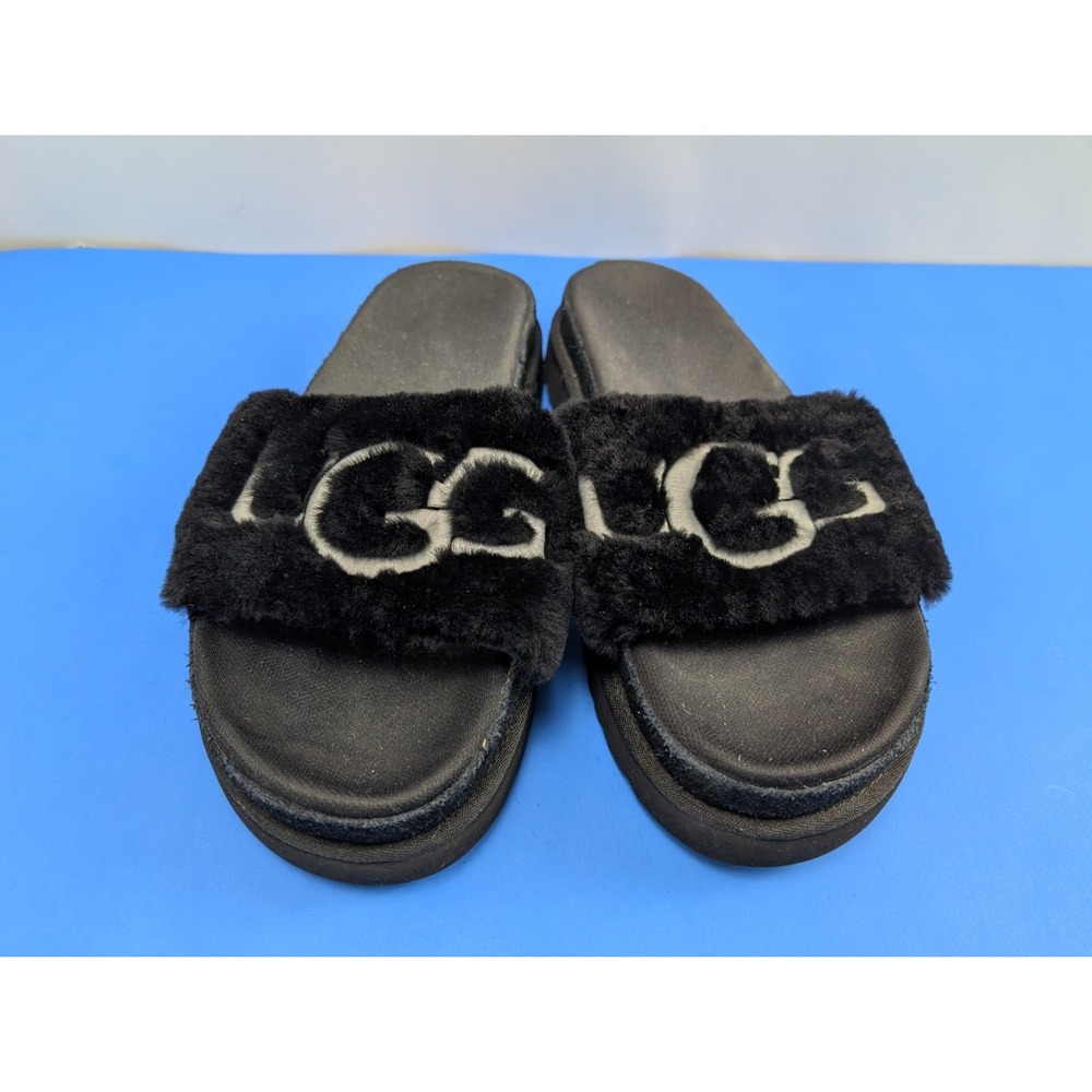 UGG Laton Fur Slide Black Sheepskin Logo Platform Sandals 1111236 Womens 10